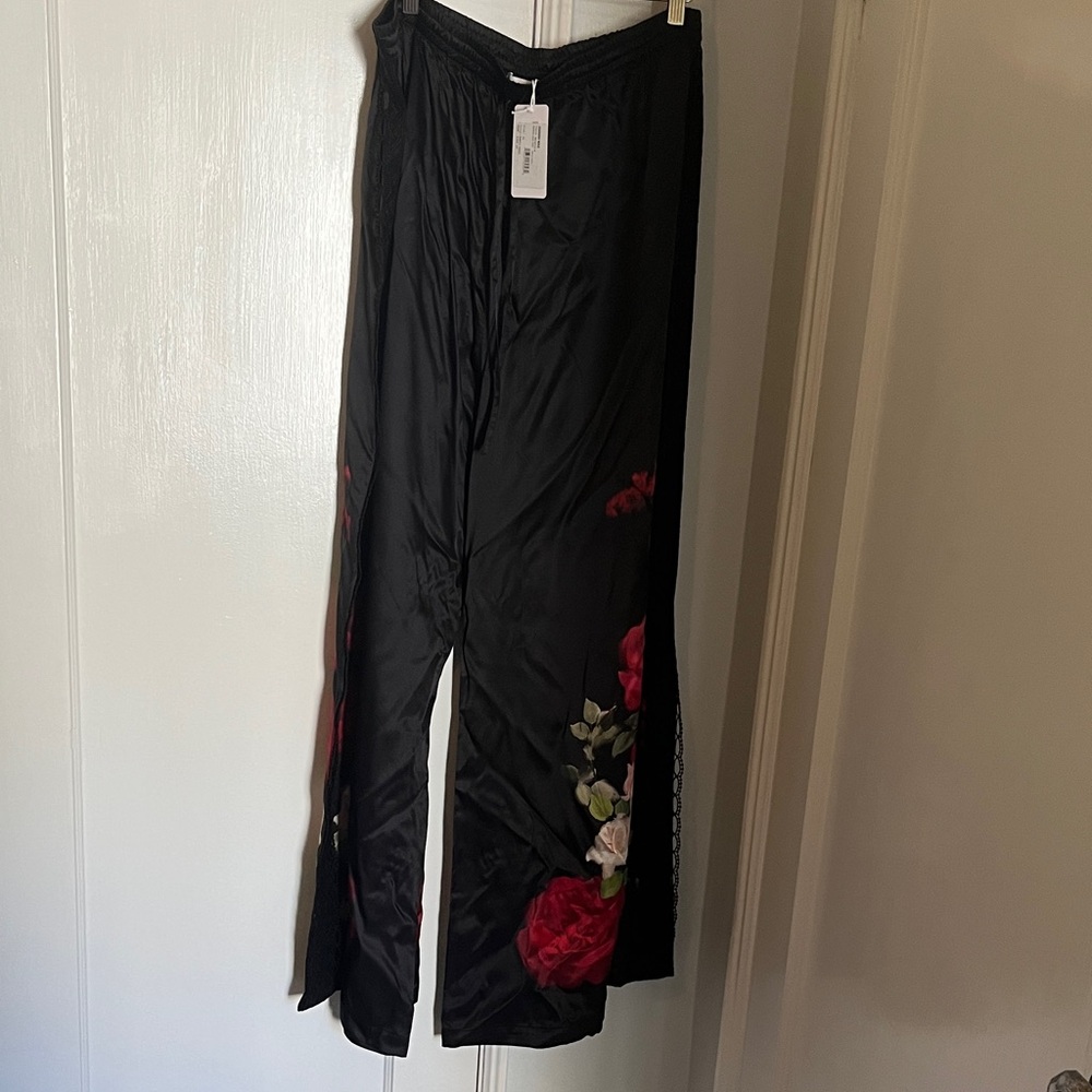 Johnny Was Black Pants with Red Floral Design